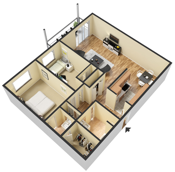 2 Bed - 1 Bath, 1018 sq ft, Glenn floorplan